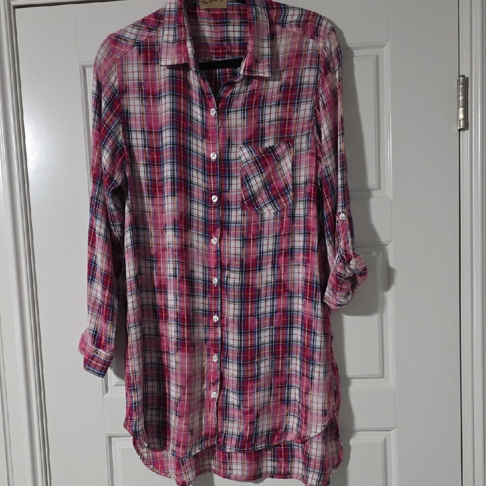NWOT Casual Plaid Button Down Tunic Shirt Size M/L
